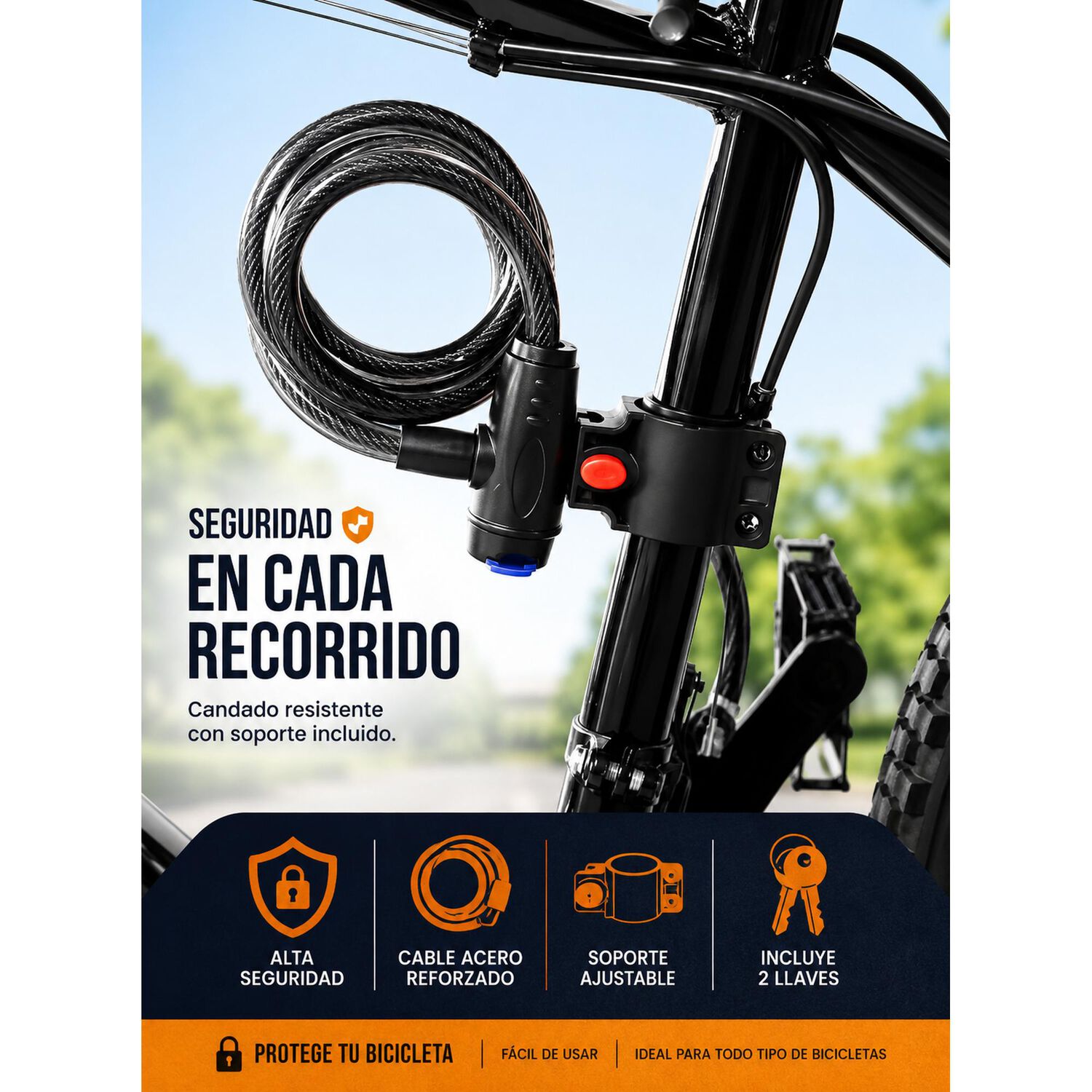 Candado Para Bicicleta Piola Y Manguera Con Soporte 2 Llaves image number 2.0