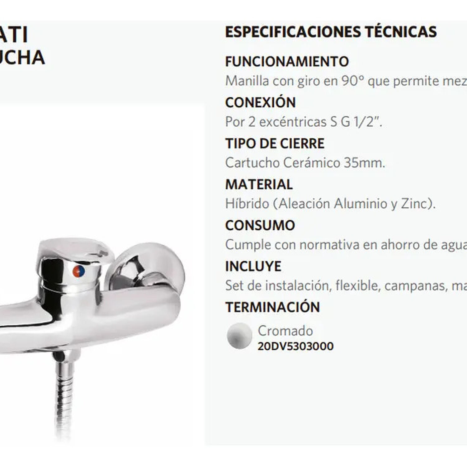 Monomando Llave Grifo Para Ducha Modelo Cincinnati Pmb Color Cromo image number 4.0