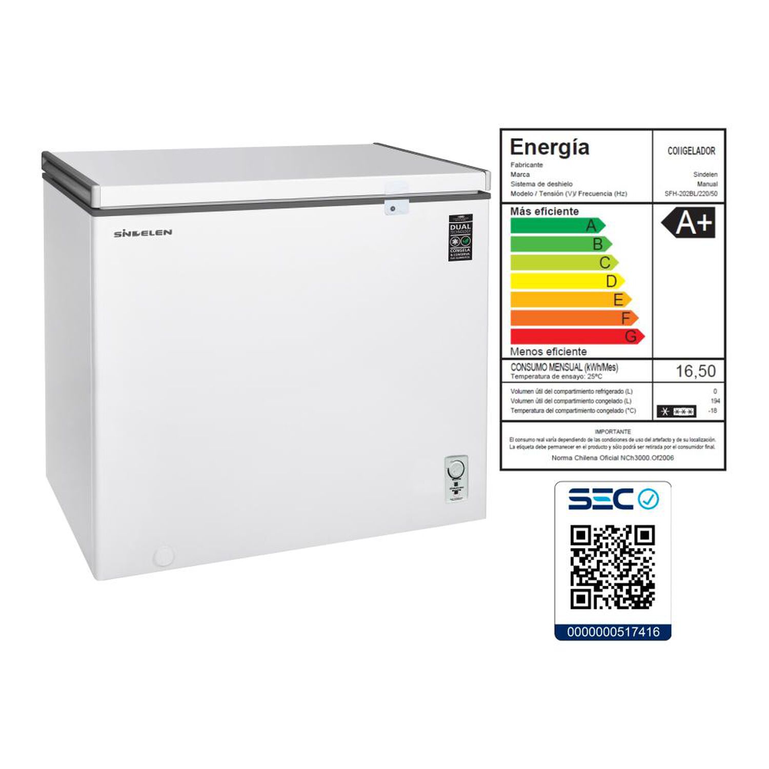 Freezer Horizontal Sindelen SFH-202BL / Fr&iacute;o Directo / 194 Litros / A+ image number 3.0