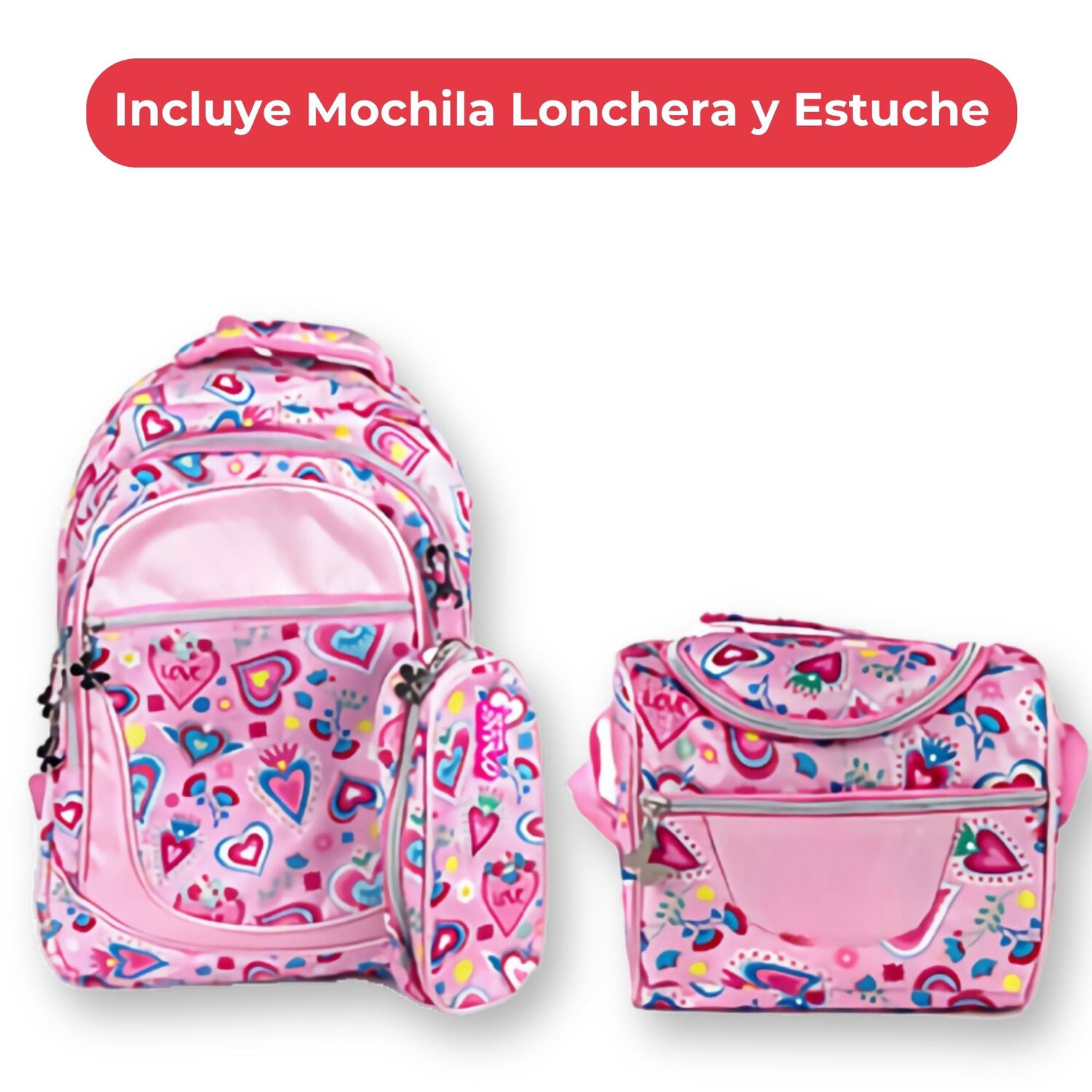 Pack Mochila Lonchera Estuche 45cm Juvenil Y Escolar Girls Pink Hearts image number 2.0