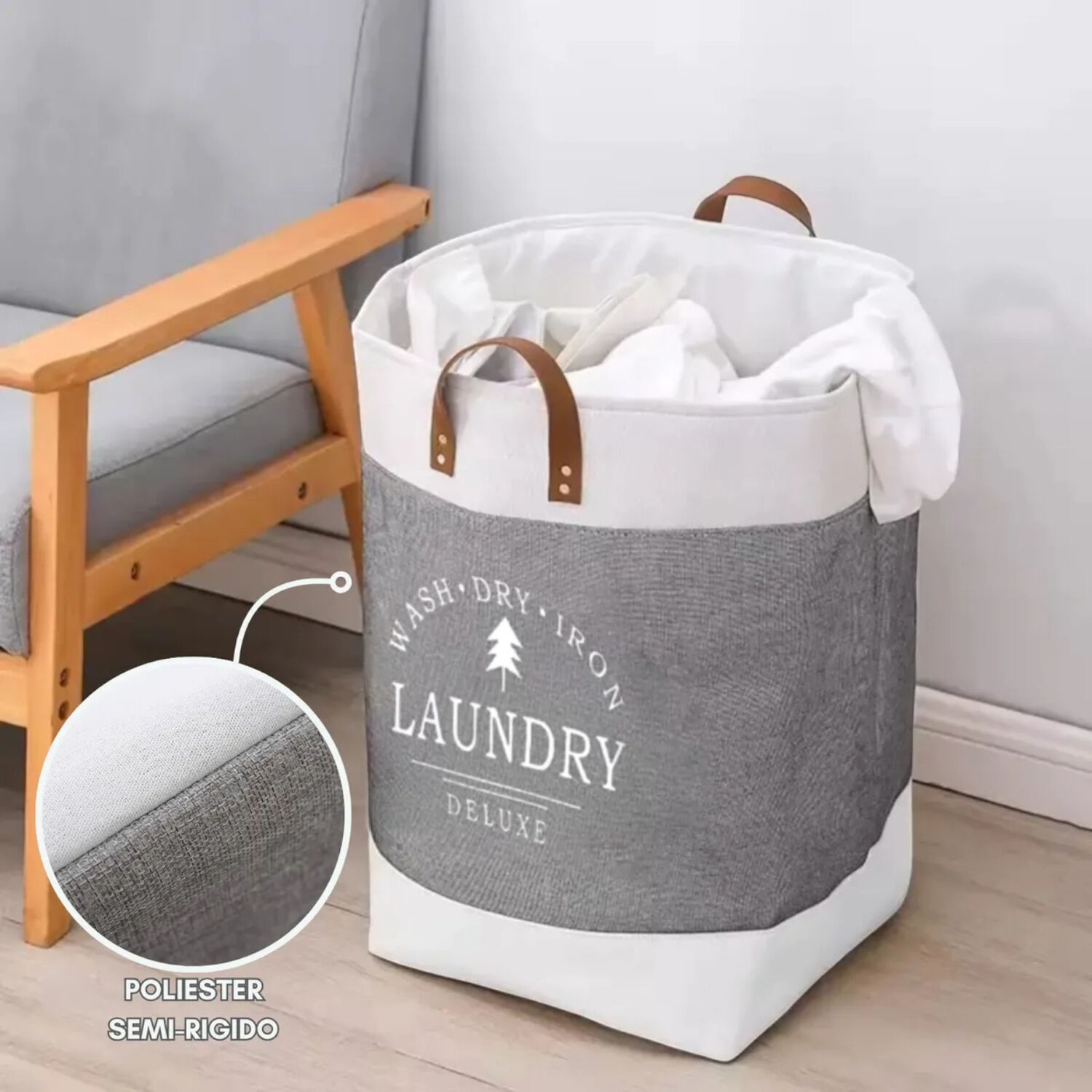 Cesta Canasto Para Ropa Sucia Dise&ntilde;o Deluxe Con Asas De Cuero Gris image number 1.0