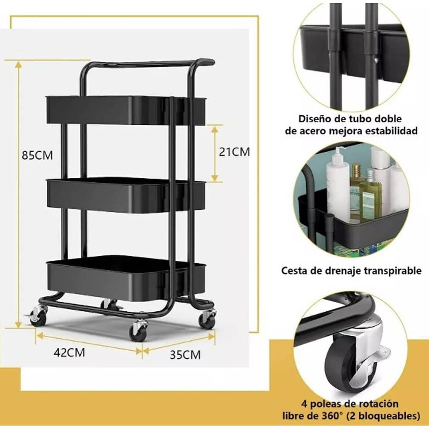 Carro Organizador Mueble Estante De Almacenamiento 3 Nivele Color Negro image number 3.0