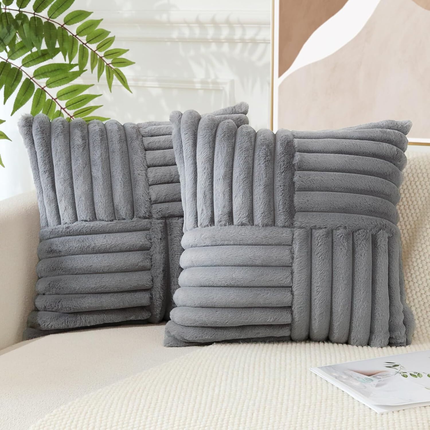Pack De 02 Fundas De Coj&iacute;n Pelo De Conejo De Imitaci&oacute;n 45x45 Gris image number 1.0