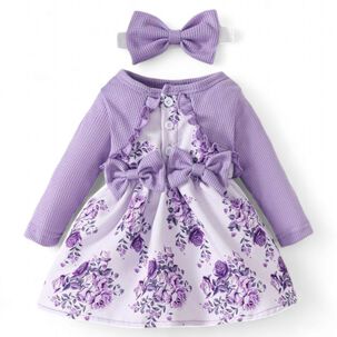 Conjunto Vestido Manga Larga + Lazo Estampado Flores Verano