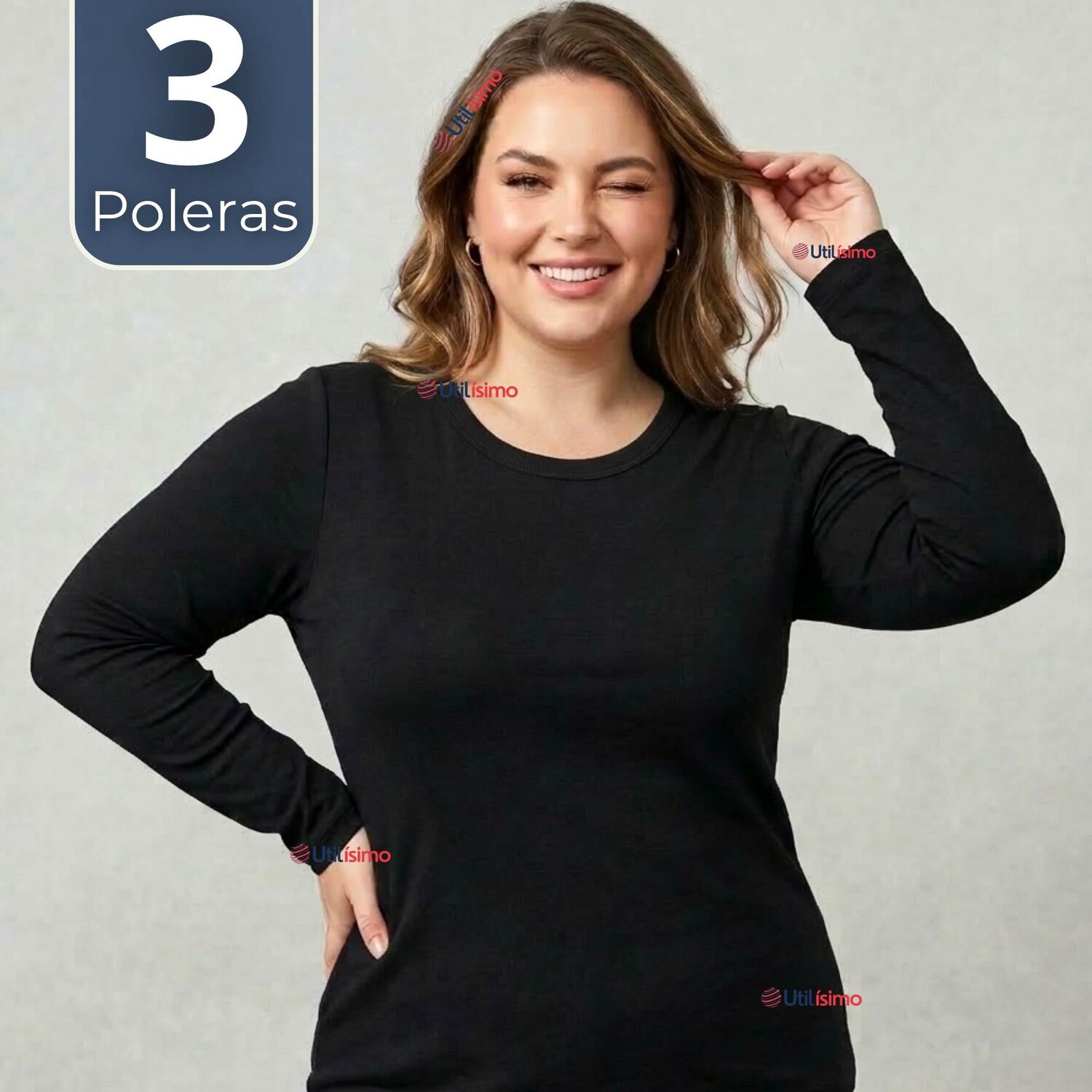 Pack 3 Camisetas Poleras Polar Primera Capa Negro Manga Larga Mujer image number 0.0