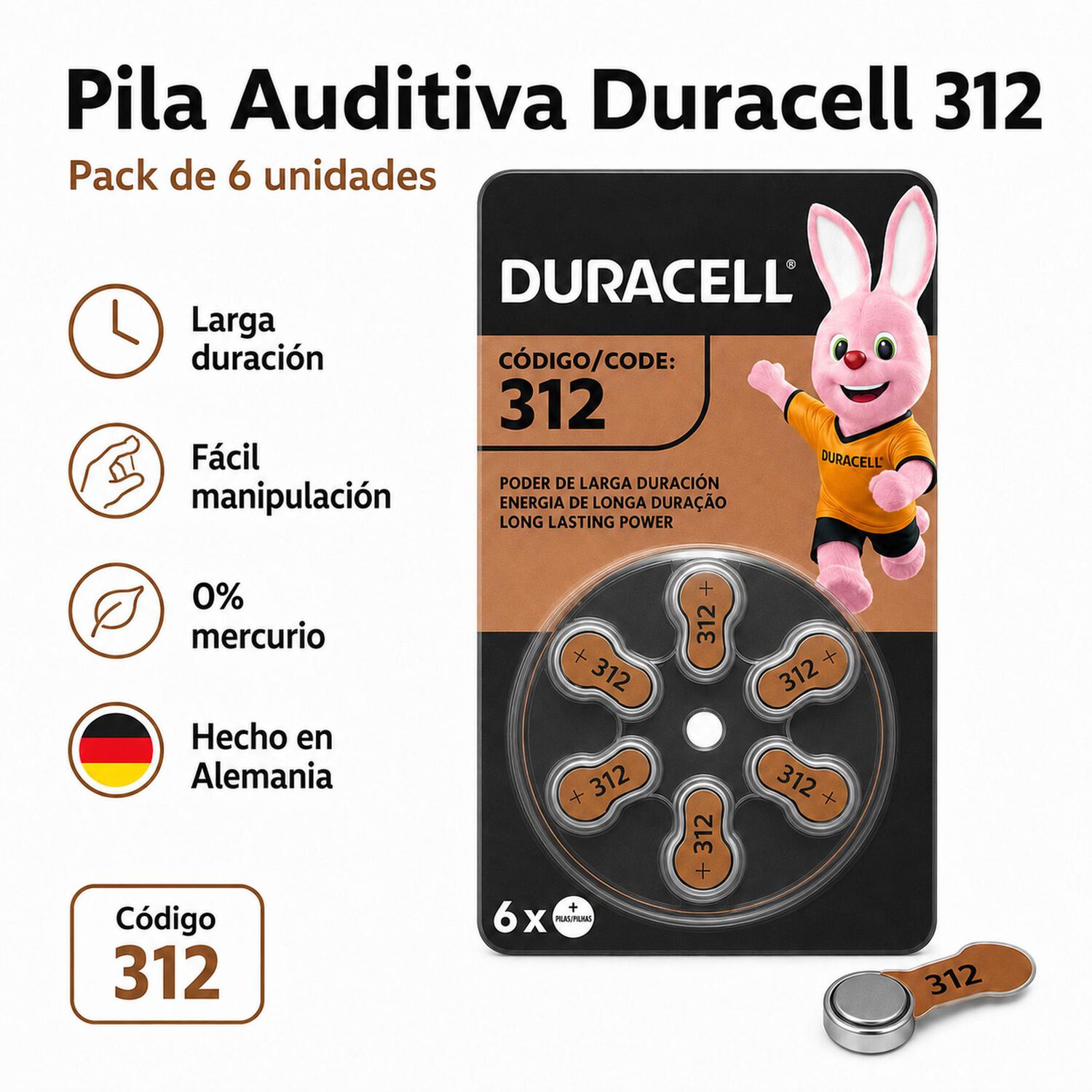 Pila Duracel 312 Auditiva - Pack De 6u Larga Duraci&oacute;n image number 5.0