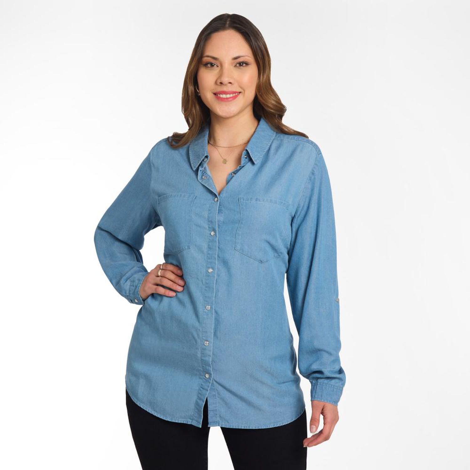 Blusa Denim Manga Larga Cuello Camisero Mujer Sexy Large image number 0.0
