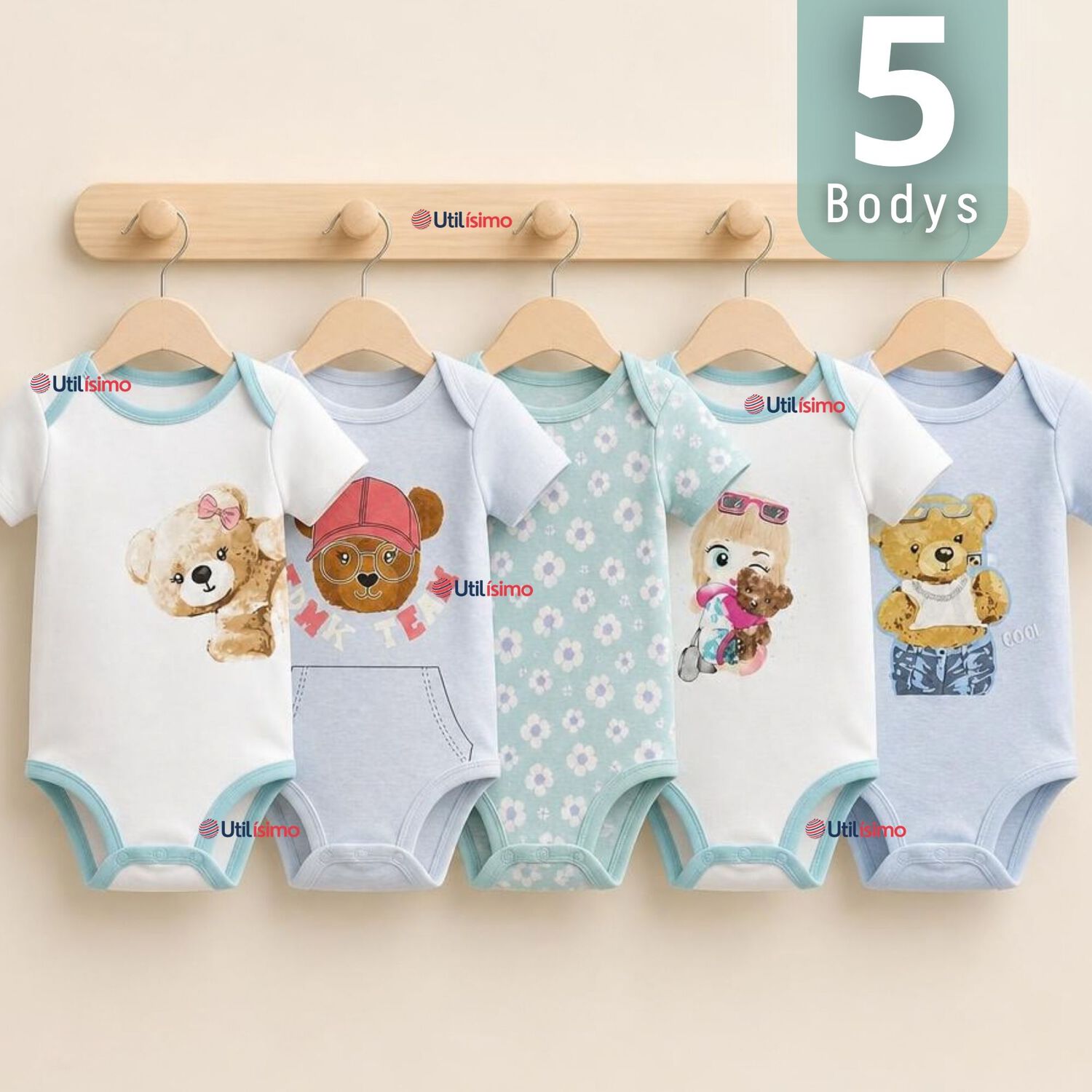 Pack 5 Bodys Manga Corta 100% Algod&oacute;n Tedmimak Ni&ntilde;a Cuddly Bears image number 0.0