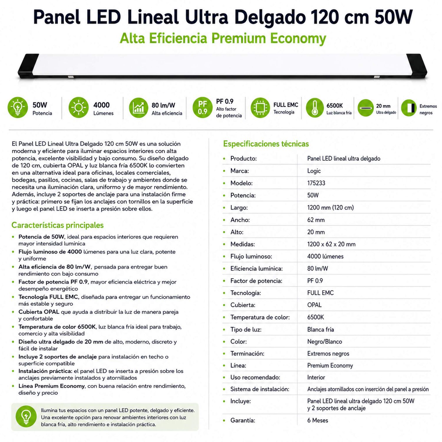 Panel Led Lineal Ultra Delgado 120 Cm 50w Alta Eficiencia image number 8.0