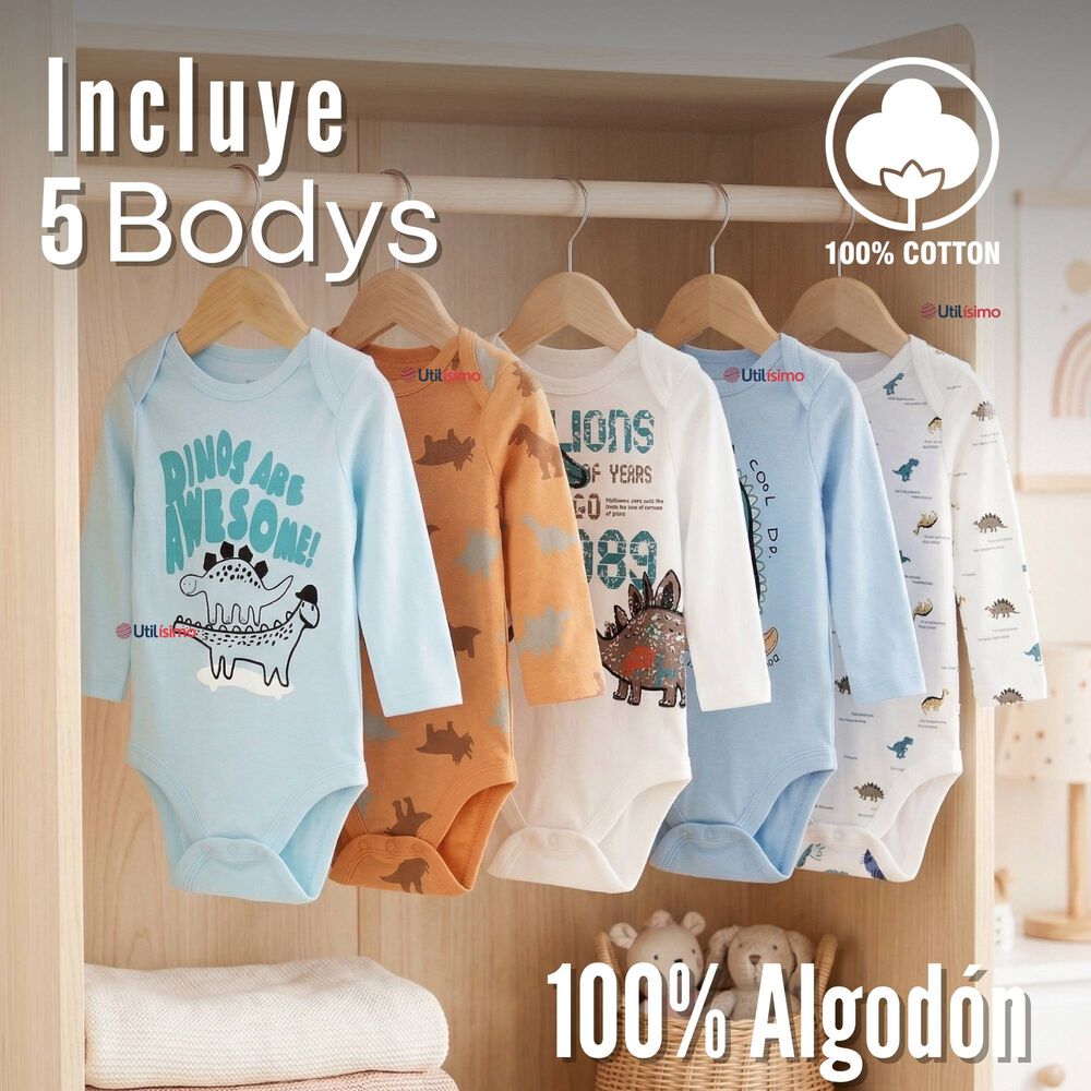 Pack 5 Bodys Manga Larga 100% Algod&oacute;n Beb&eacute; Ni&ntilde;o Dino Aventure image number 1.0