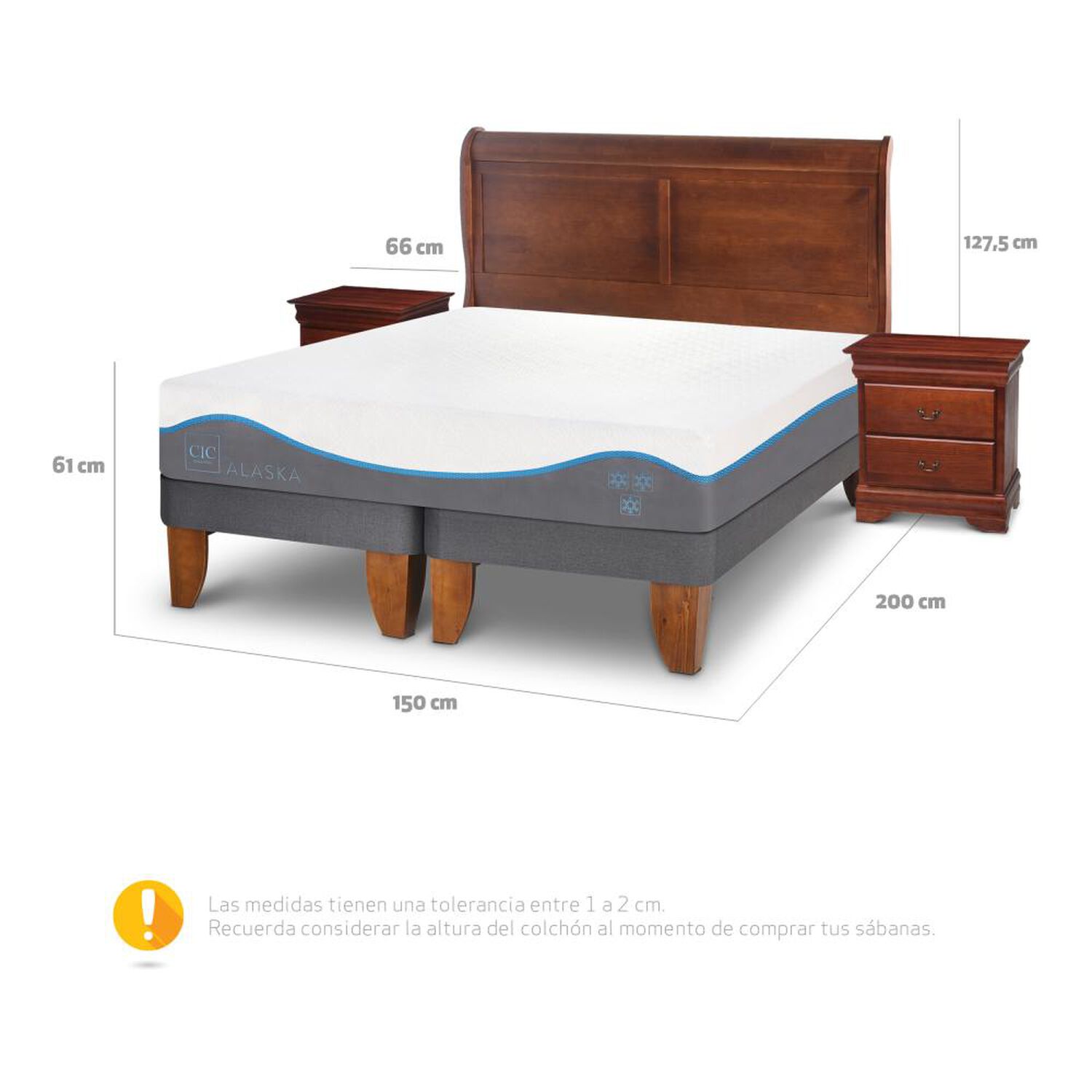 Cama Europea Cic Alaska / 2 Plazas / Base Dividida + Set De Maderas image number 2.0
