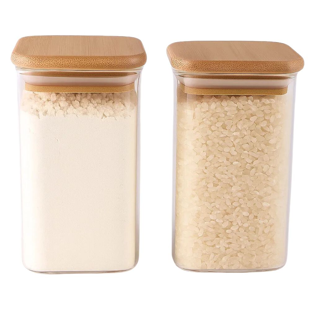 Set 3 Frasco Hermetico 700ml Vidrio Cuadrado 12cm Bambú image number 1.0