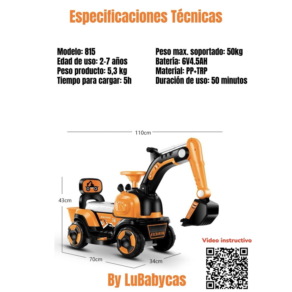 Excavadora El&eacute;ctrica Montable Luces M&uacute;sica Lubabycas Azul image number 15.0