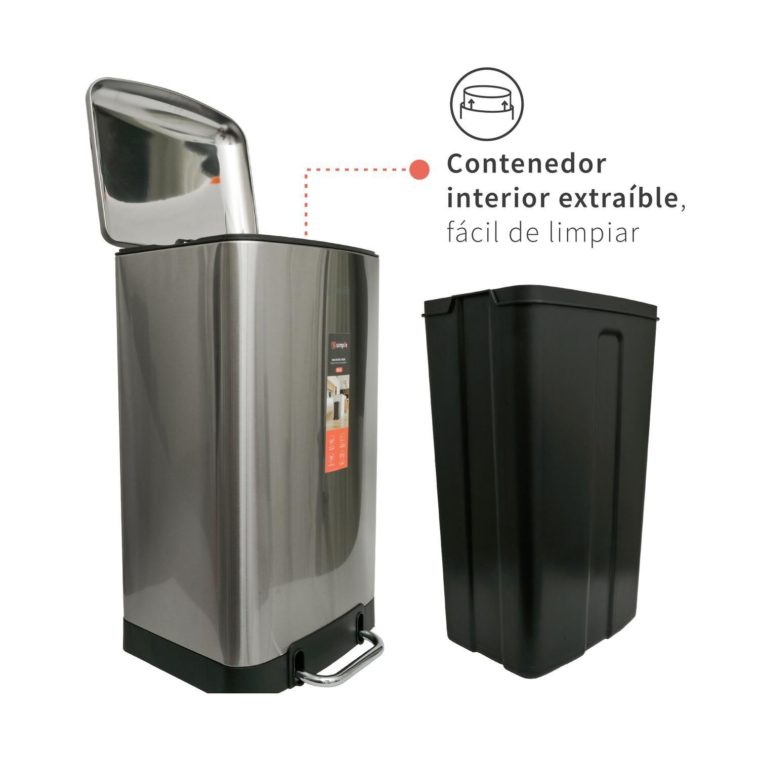 Basurero Cocina Iron 40lts Pedal Acero Inox Simplit image number 5.0