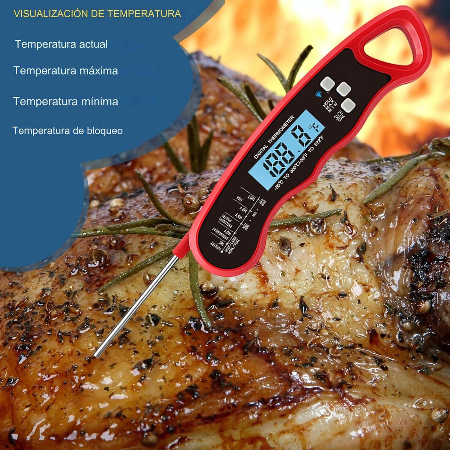 Term&oacute;metro Digital Plegable Cocina Carnes L&iacute;quidos Rojo image number 1.0