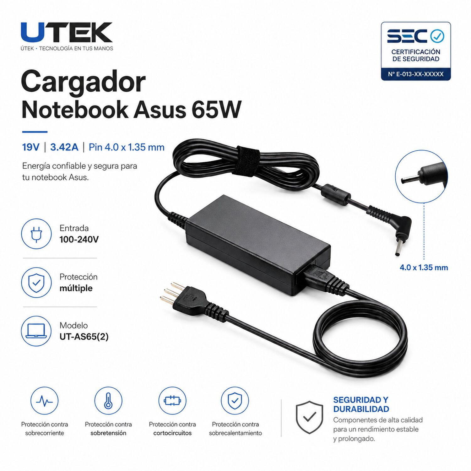 Cargador Notebook Para Asus 19v 3.42a Pin 4.0*1.35mm 65w Sec Ut-as65(2) image number 5.0