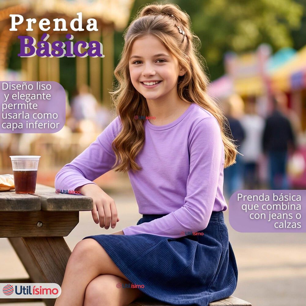 Camiseta Polera Bamb&uacute; Cuello Redondo Lila Primera Capa Manga Larga Ni&ntilde;a image number 8.0