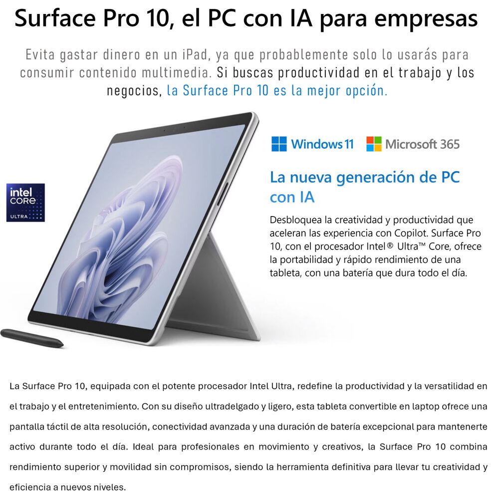 Surface Pro 10 - Tablet Windows 11, Core Ultra 7, 16gb Ram, 512gb Ssd image number 1.0
