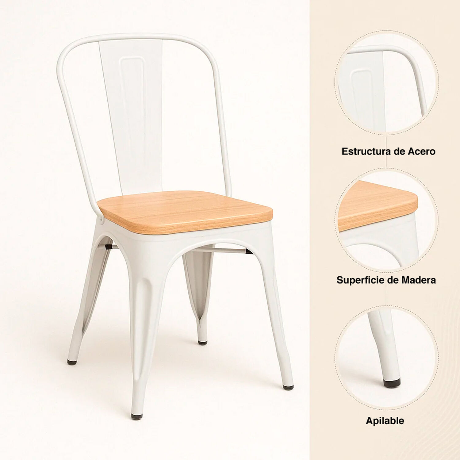 Silla Tolix Con Asiento De Madera Clara - Blanca image number 4.0