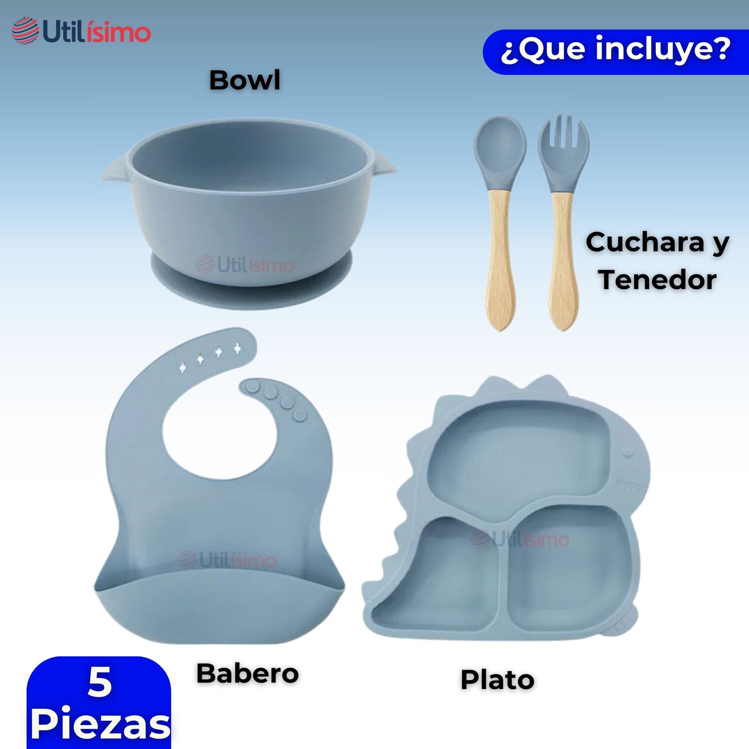 Set De Alimentaci&oacute;n Beb&eacute; Silicona 5 Piezas Dinosaurio Libre Bpa Color Celeste image number 4.0