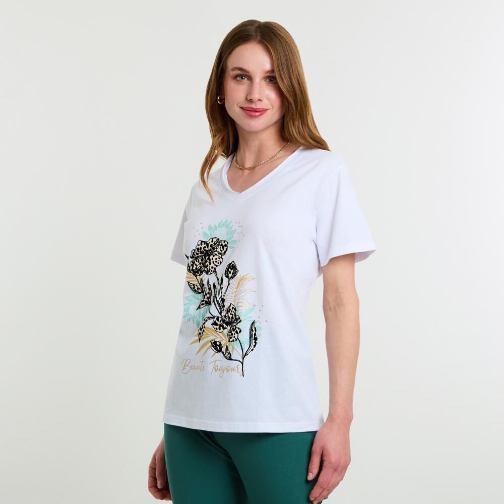 Polera Lisa Con Estampado Manga Corta Cuello V Mujer Lesage image number 2.0