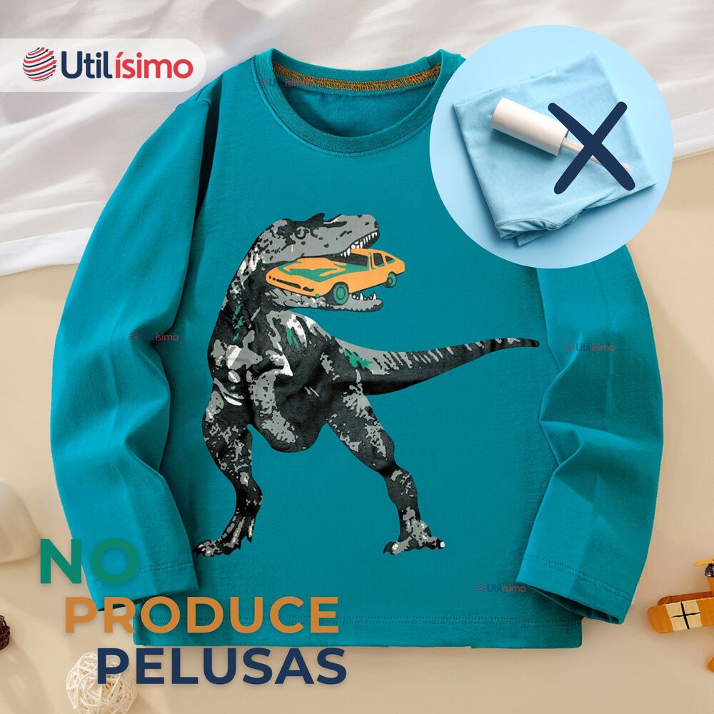 Polera Manga Larga Ni&ntilde;o 100% Algod&oacute;n Dinosaurio Verde Camiseta image number 9.0