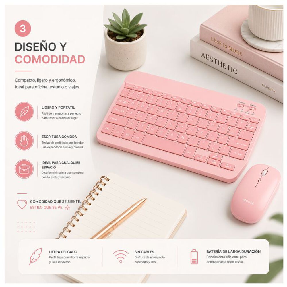 Kit De Teclado Mouse Para Ipad O Tablet Android Slim Rosado image number 3.0