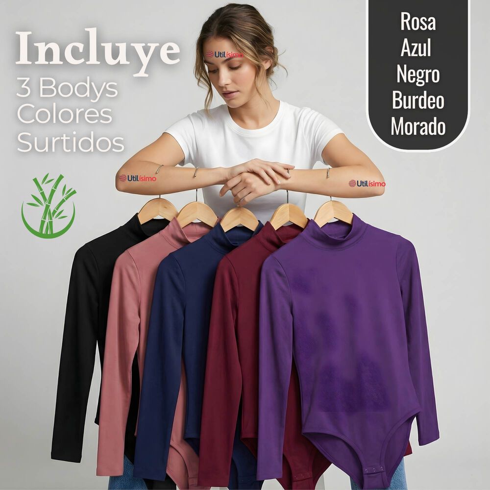 Pack 3 Bodys Manga Larga Bamb&uacute; Cuello Alto Beatle Mujer Colores Surtidos image number 1.0