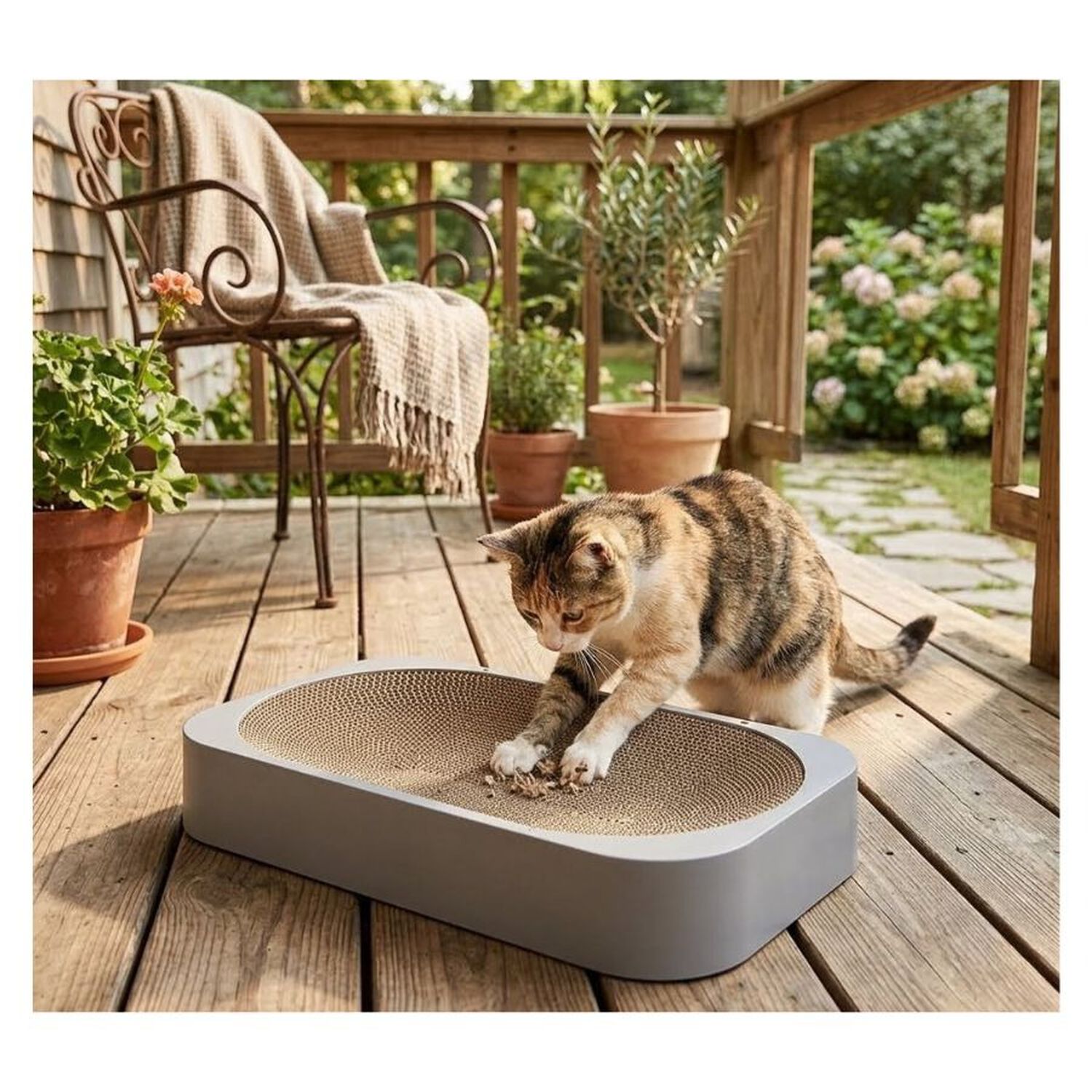 Rascador Para Gatos Con Base Ovalada Cart&oacute;n Corrugado Gris image number 3.0