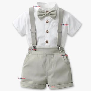 Conjunto De Vestir Con Tirantes Camisa Pantal&oacute;n Corto Algod&oacute;n Beb&eacute; Gris