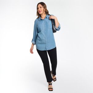Blusa Denim Manga Larga Cuello Camisero Mujer Sexy Large