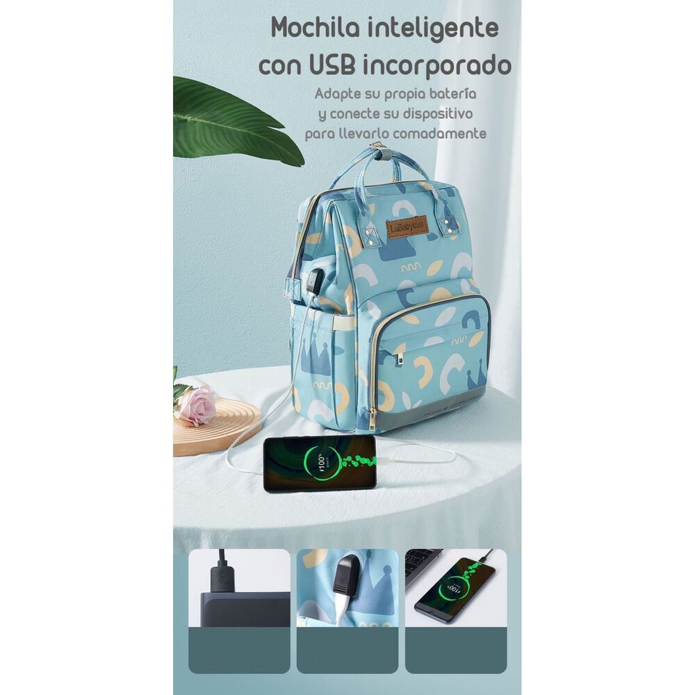 Mochila Maternal Impermeable Con Usb Lubabycas Azul image number 2.0