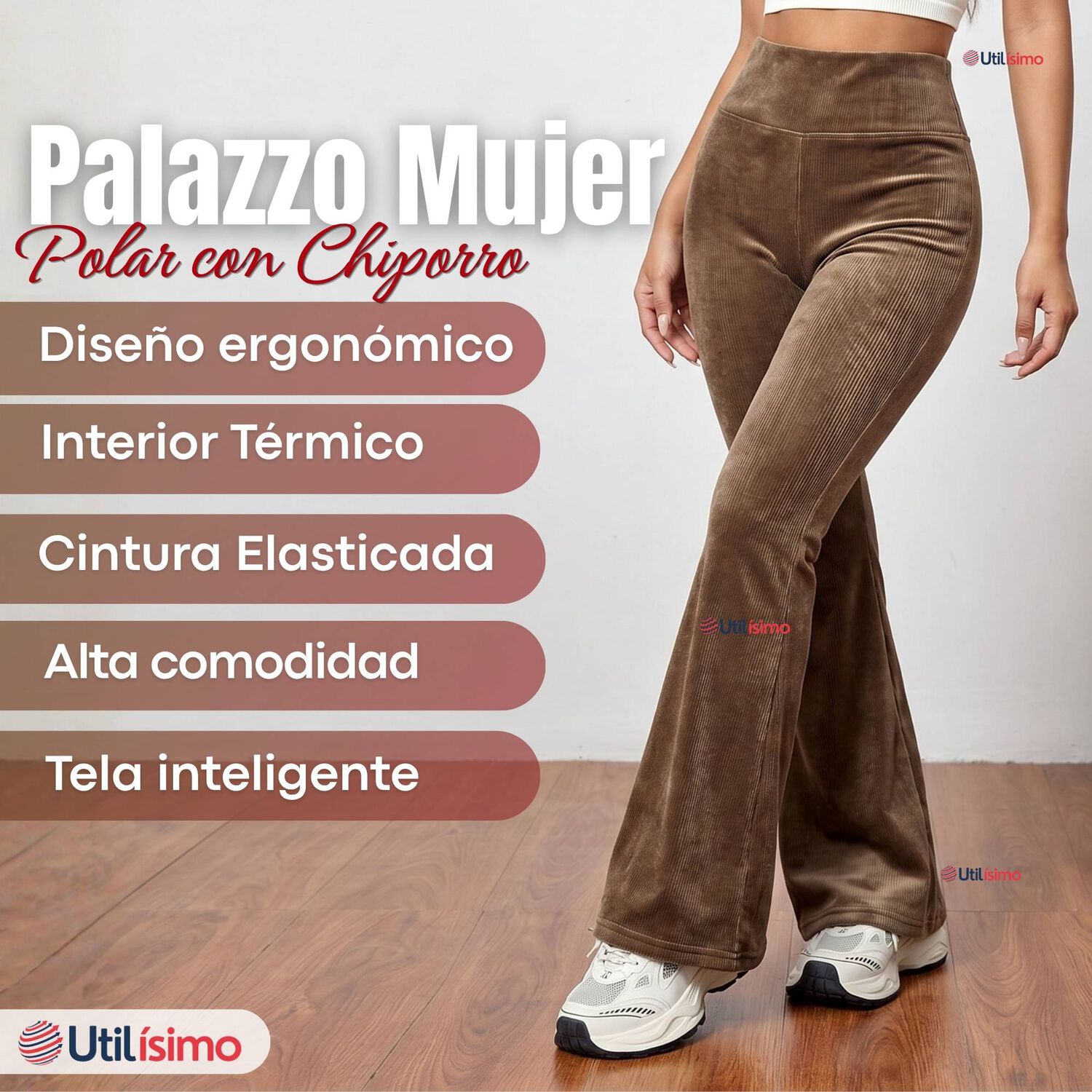 Pantal&oacute;n Cotel&eacute; Palazzo Polar Con Chiporro Elasticado T&eacute;rmico Caf&eacute; image number 2.0