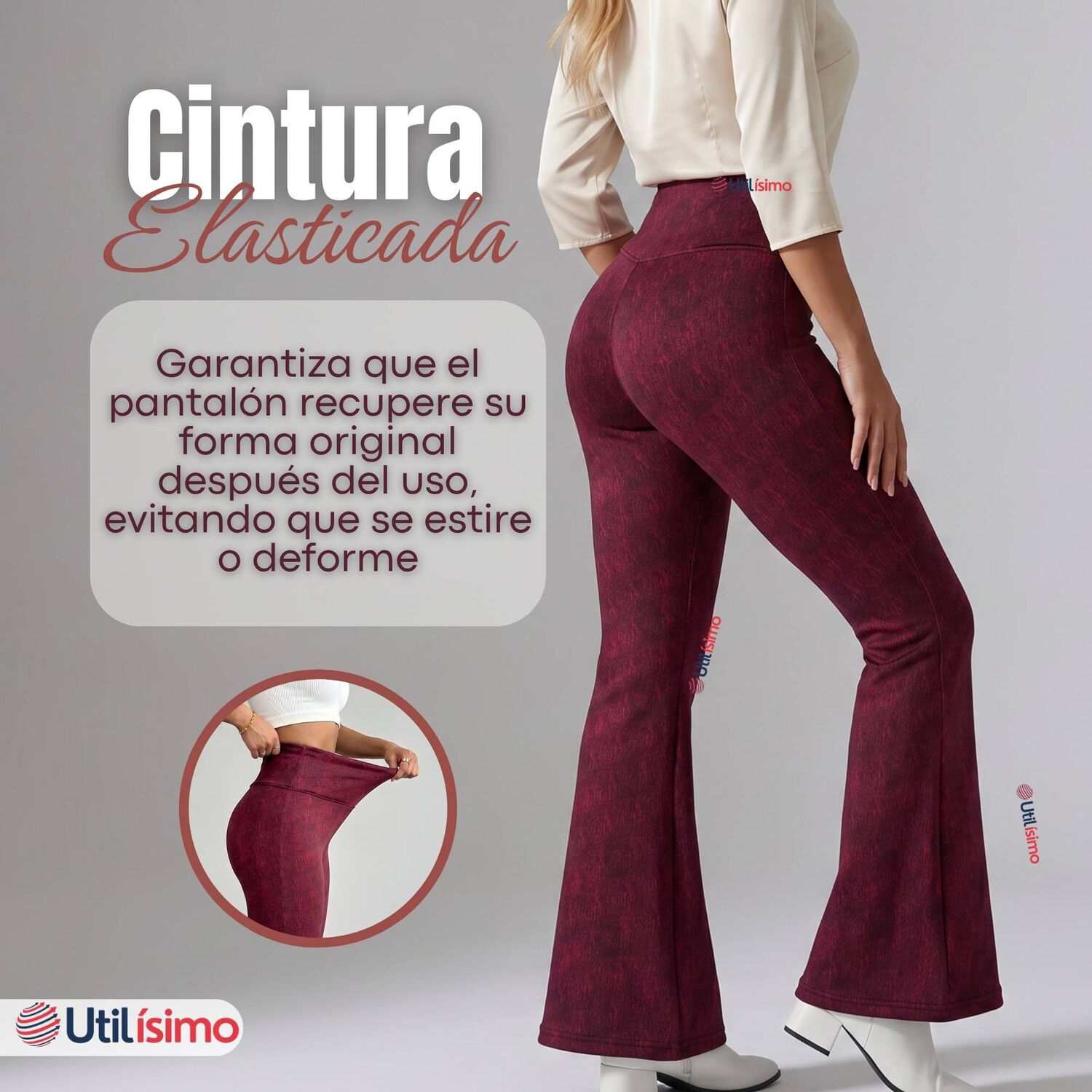 Pantal&oacute;n Polar Con Chiporro Palazzo Mujer Elasticada T&eacute;rmica Burdeo Jeans image number 7.0