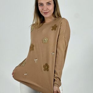 Sweater Spandex Relieve Flores Y Lentejuelas