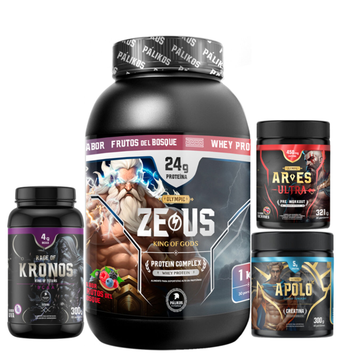 Proteina Complex 1kg Frutos Del Bosque Creatina Apolo 300g Pre Entreno Ares Bcaa Kronos image number 0.0