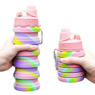Botella Agua Para Ni&ntilde;os Silicona Plegable Arcoiris 500ml Rosado