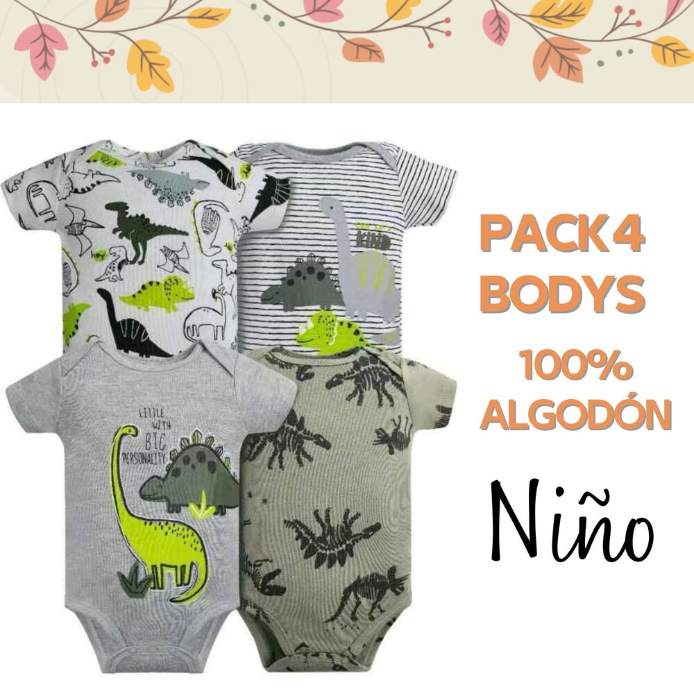 Pack 4 Bodys Ni&ntilde;o Manga Corta Tedmimak 100% Algod&oacute;n Dinosaurios Animados image number 4.0