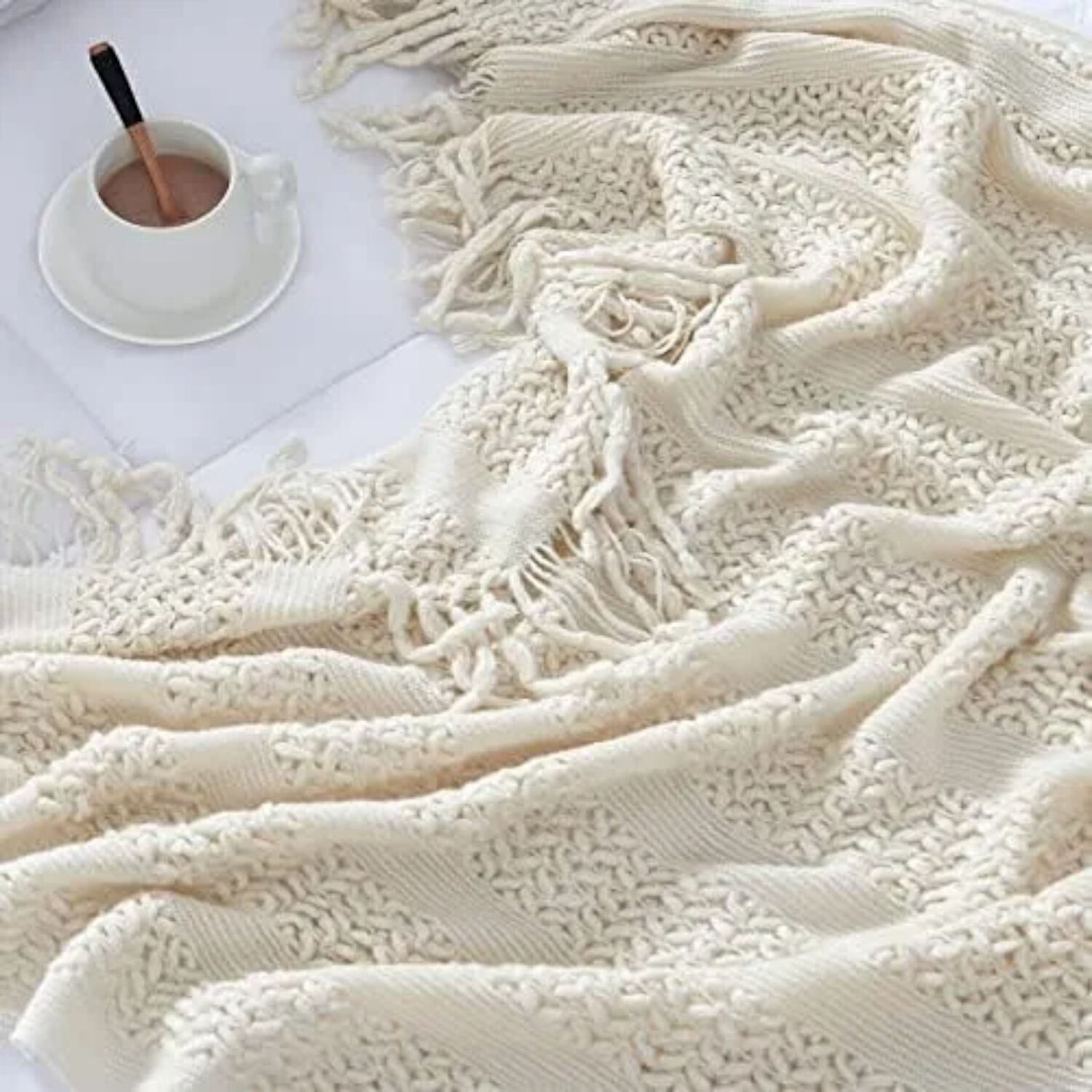 Manta Encaje De Lana Gruesa Tejida A Mano Premium 150x230cm Blanco image number 4.0