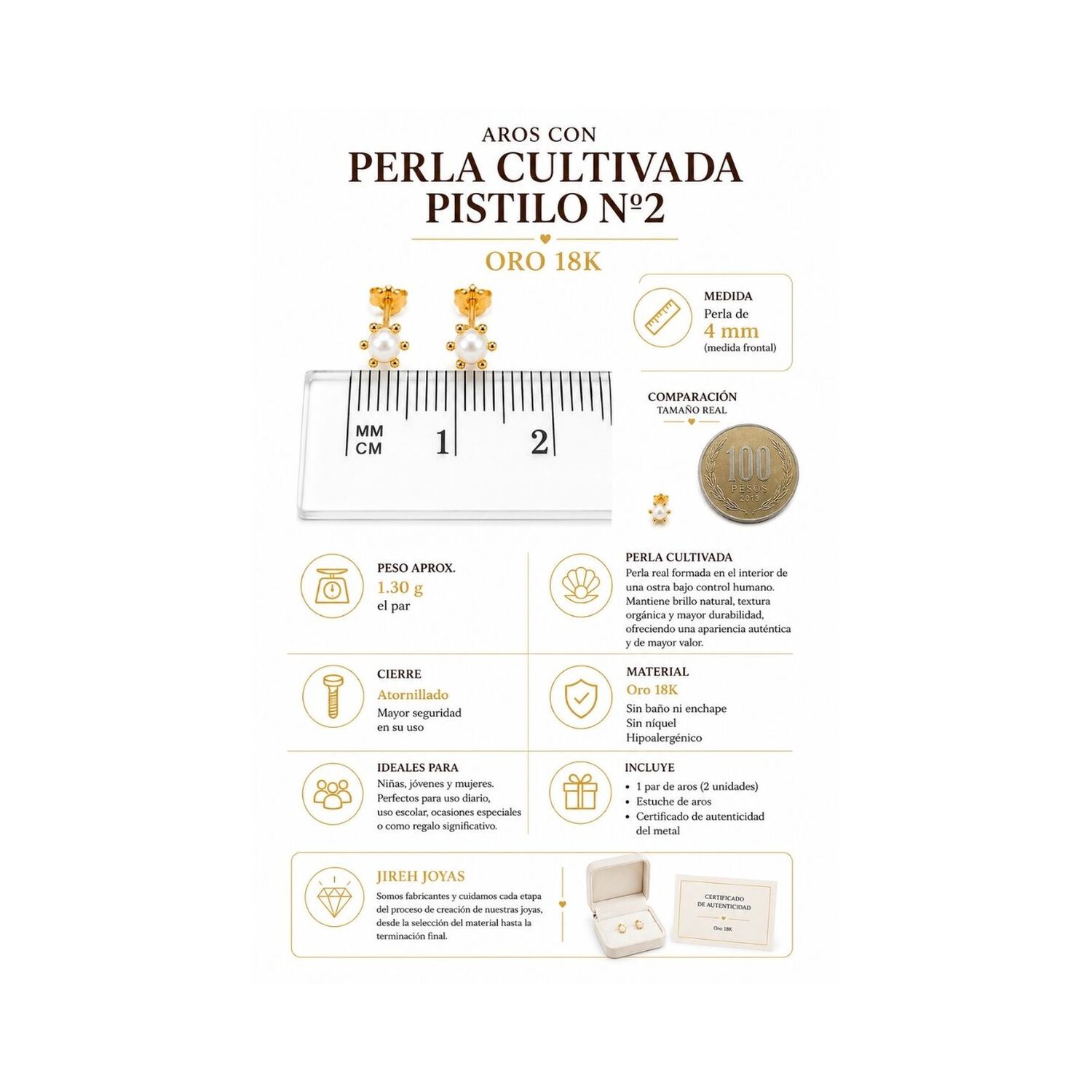 Aros Perla Cultivada Pistilo 4mm N2 Oro 18k 1.30gr Mujer Dorado image number 3.0