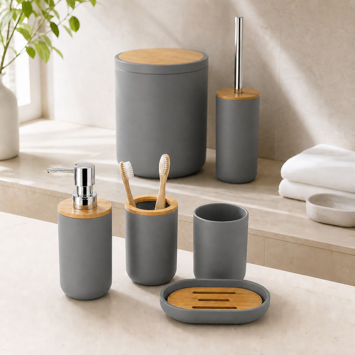 Set De Ba&ntilde;o 6 Piezas Moderno Gris Con Bamb&uacute; Incluye Basurero Y Dispensador image number 4.0