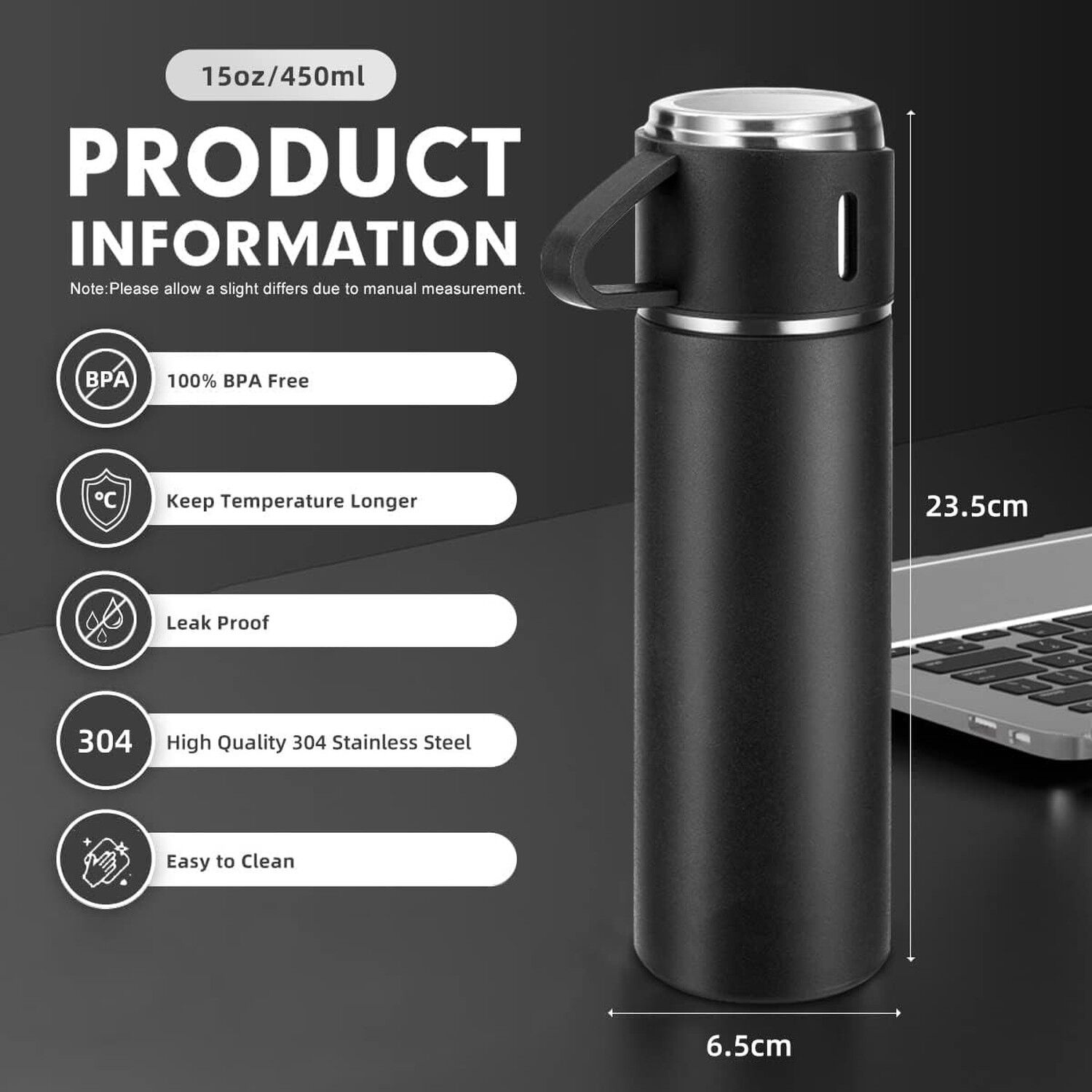 Termo Acero Inox 500ml 3 Tazas Aisladas Caliente Fr&iacute;o Negro image number 4.0