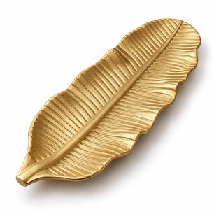 Bandeja Decorativa Hoja Alargada Dorada Estilo Moderno 47 Cm