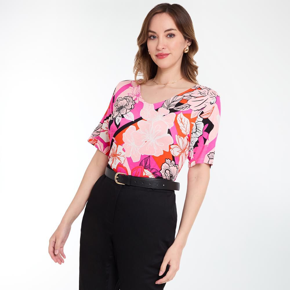 Polera Full Print Manga Corta Cuello V Mujer Lesage image number 2.0