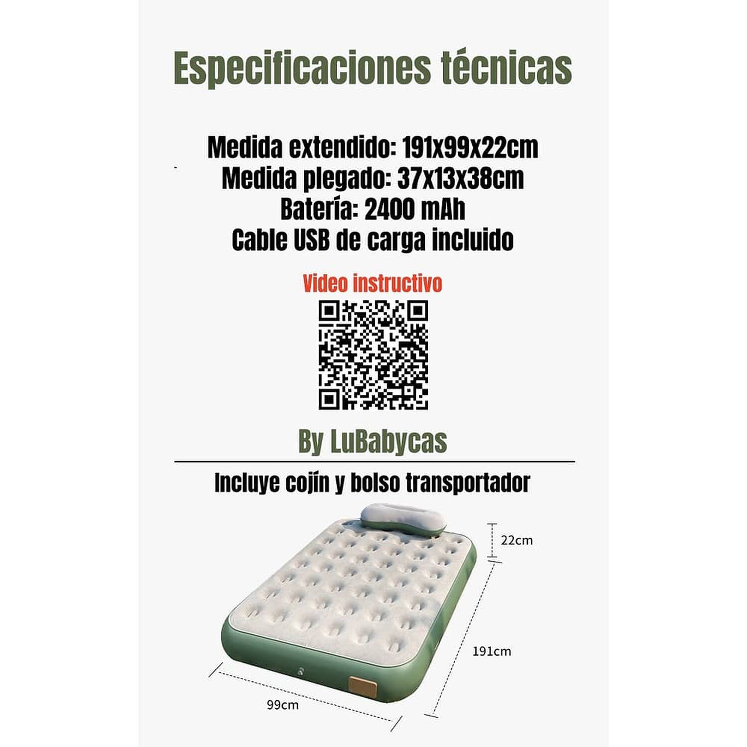 Colch&oacute;n Cama Inflable El&eacute;ctrico Con Coj&iacute;n Bolso 1 Plaza image number 6.0