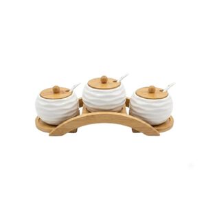 Set 3 Especieros Azucareros Cer&aacute;mica Bamb&uacute; Con Soporte Arco Cucharas