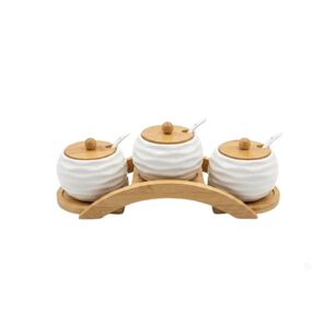 Set 3 Especieros Azucareros Cer&aacute;mica Bamb&uacute; Con Soporte Arco Cucharas