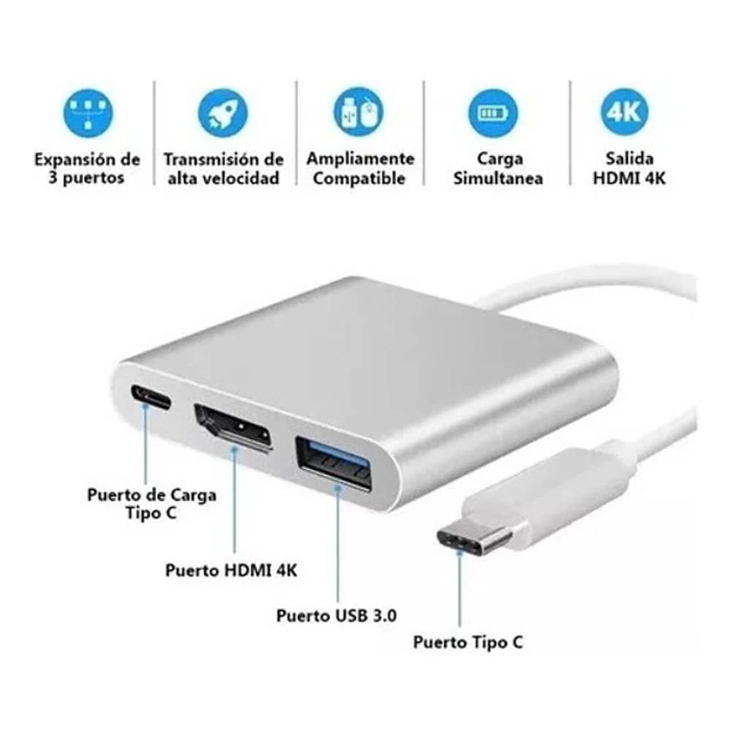 Adaptador Multipuerto 3 En 1 Usb Tipo C 3.0 A Hdmi 4k image number 3.0