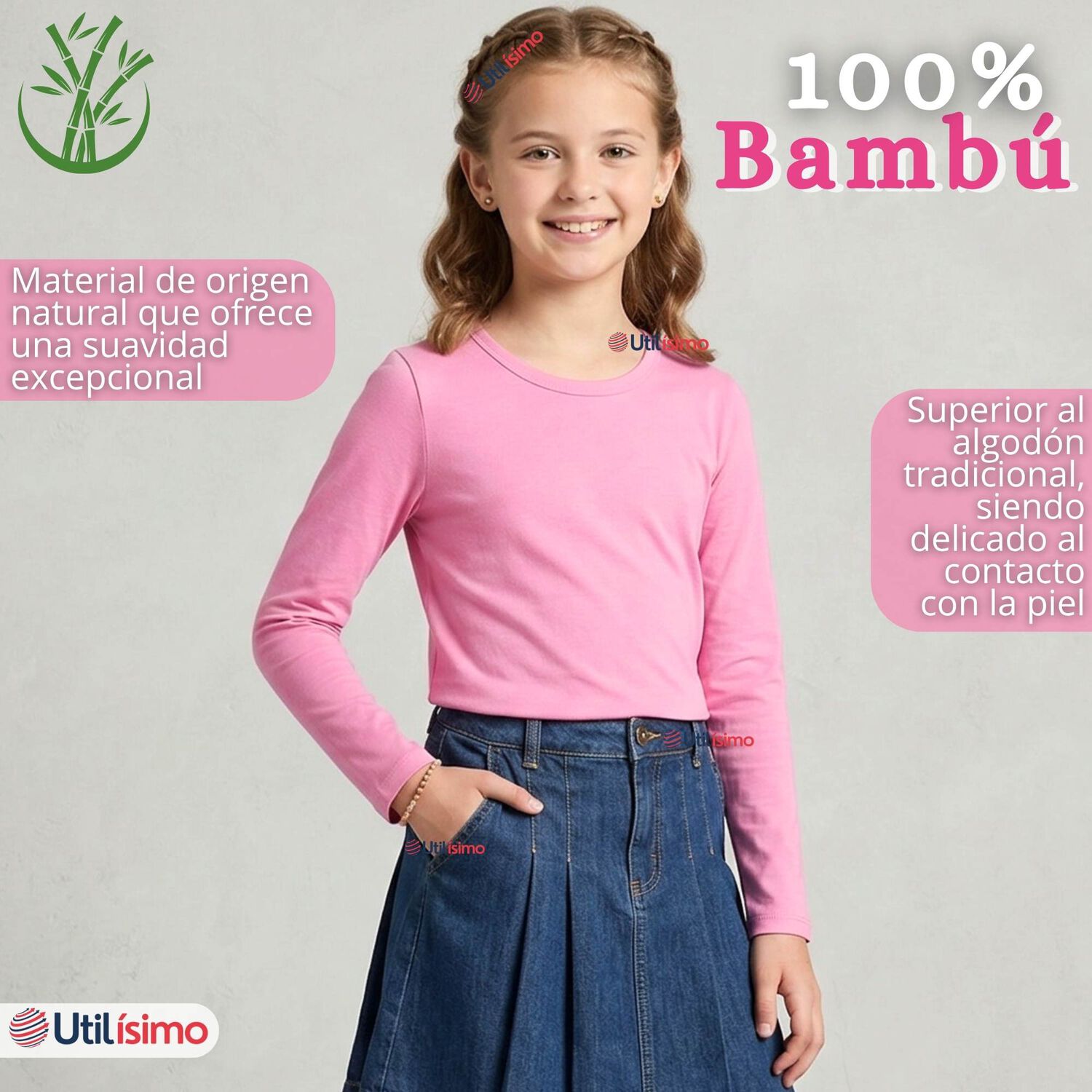 Camiseta Polera Bamb&uacute; Cuello Redondo Rosado Oscuro Primera Capa Manga Larga Ni&ntilde;a image number 3.0