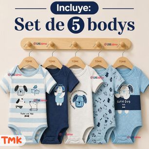 Pack 5 Bodys Manga Corta 100% Algod&oacute;n Tedmimak Ni&ntilde;o Playful Pups